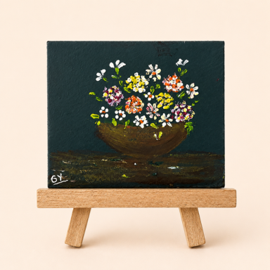 Mini cuadro de arreglo floral artesanal pintado a mano por Gardenia Yánez