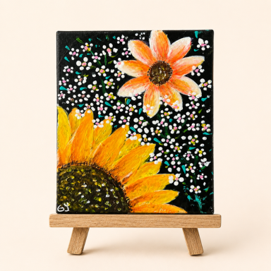 Mini cuadro floral con girasol pintado a mano por Gardenia Yánez